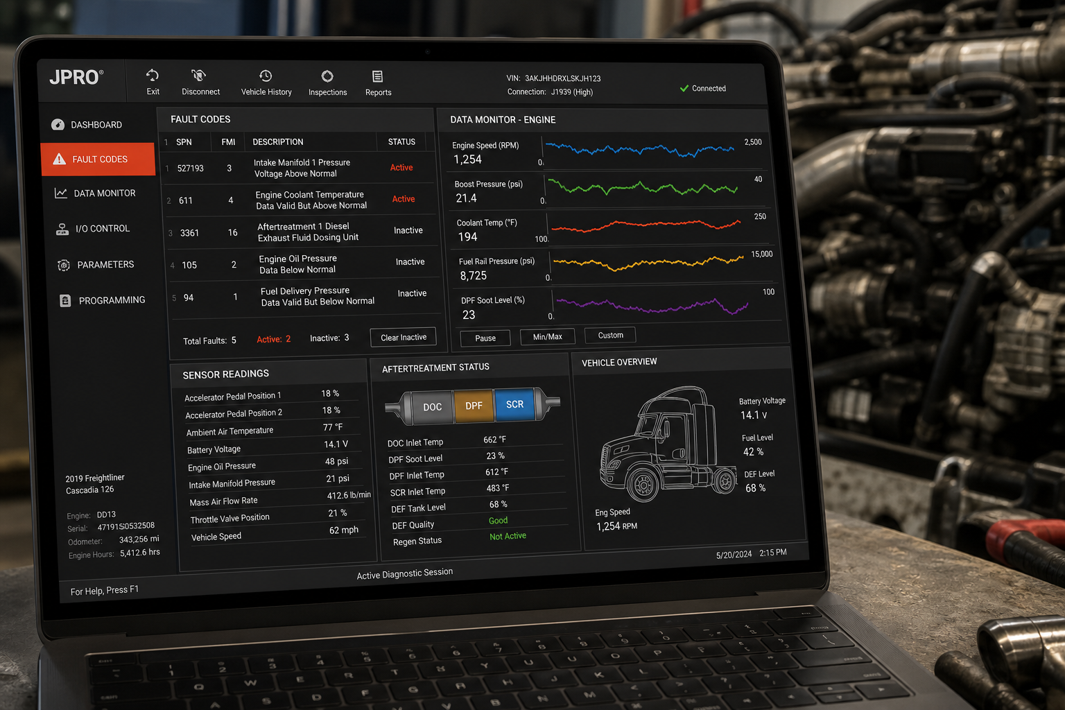 Diagnostic software interface showing engine data graphs and fault codes