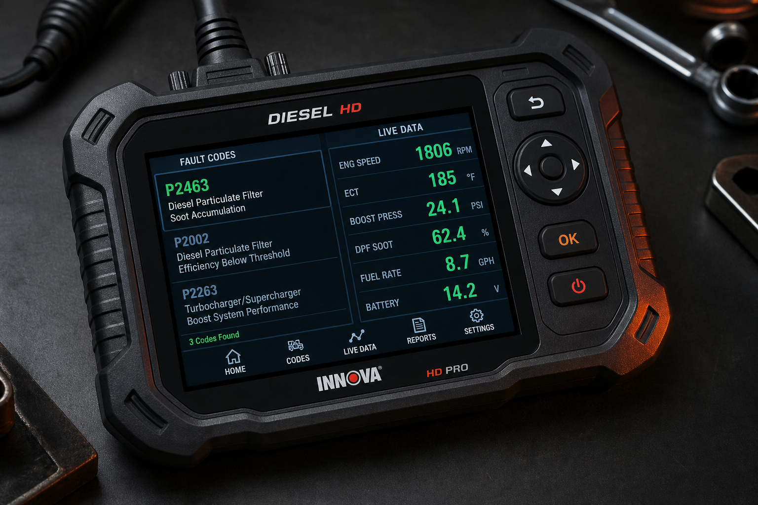 Heavy-duty diesel diagnostic scanner displaying live engine fault codes