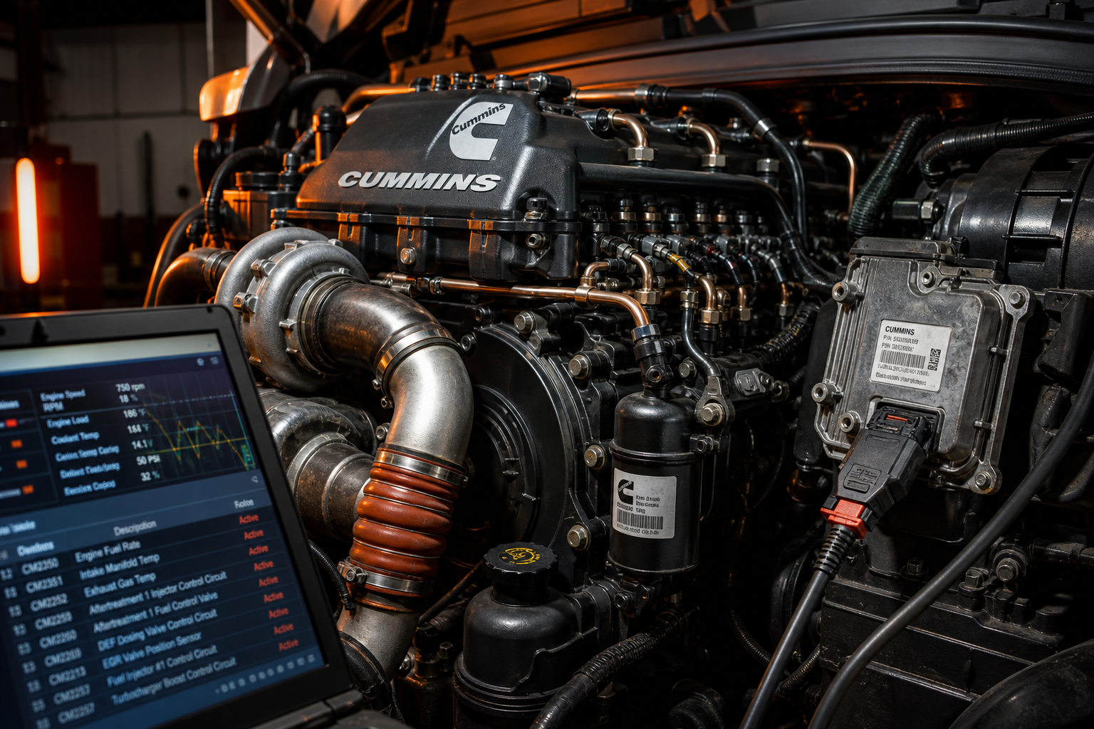 Cummins diesel engine with diagnostic laptop showing live ECU data and fault codes
